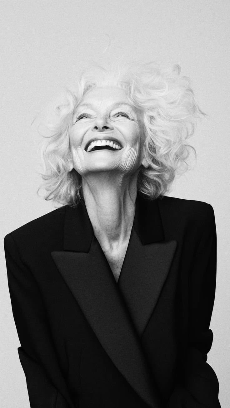 An older woman with silver curls laughing, head tilted back